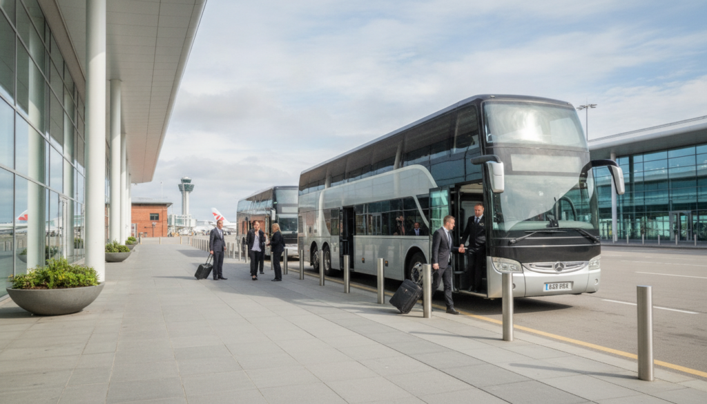 Executive Group Transport: Elevating Business Events in Glasgow — executive coach meeting a group at Glasgow Airport