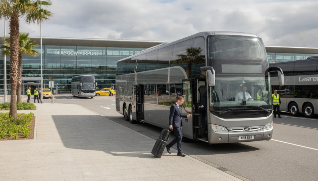 Optimising Business Journeys: Premium Airport Transfers for Corporate Teams — executive coach meeting a group at Glasgow Airport