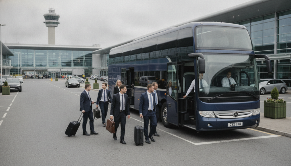 Seamless Corporate Travel: Glasgow Airport Coach Transfers for Business Groups — executive coach meeting a group at Glasgow Airport