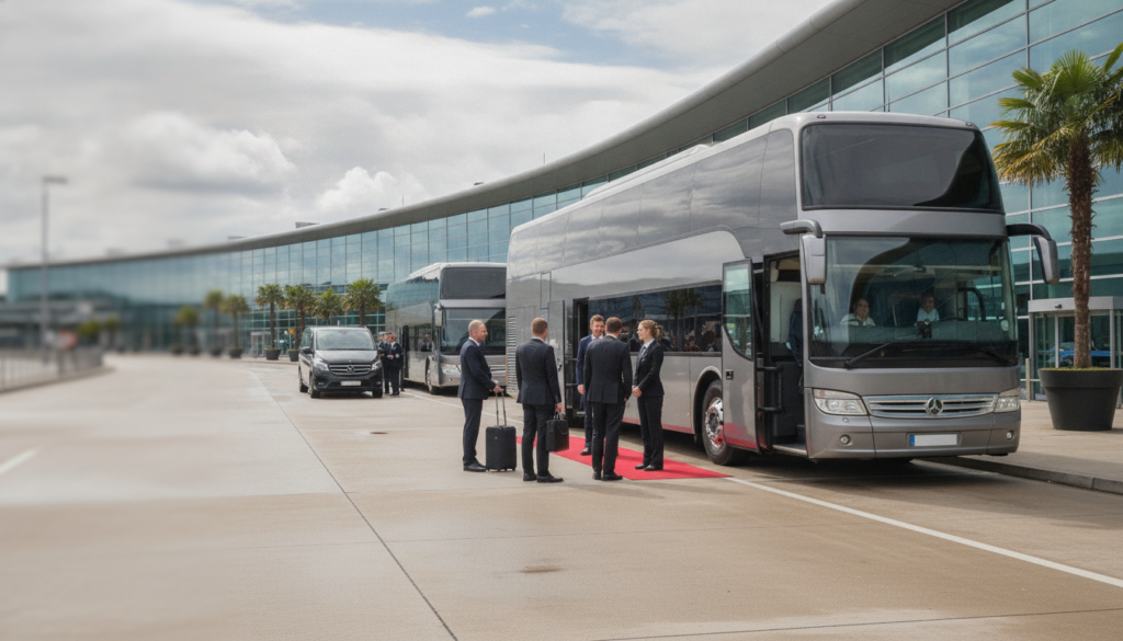 Client & Team Hospitality: Luxury Coach Services for Glasgow Corporate Events — executive coach meeting a group at Glasgow Airport