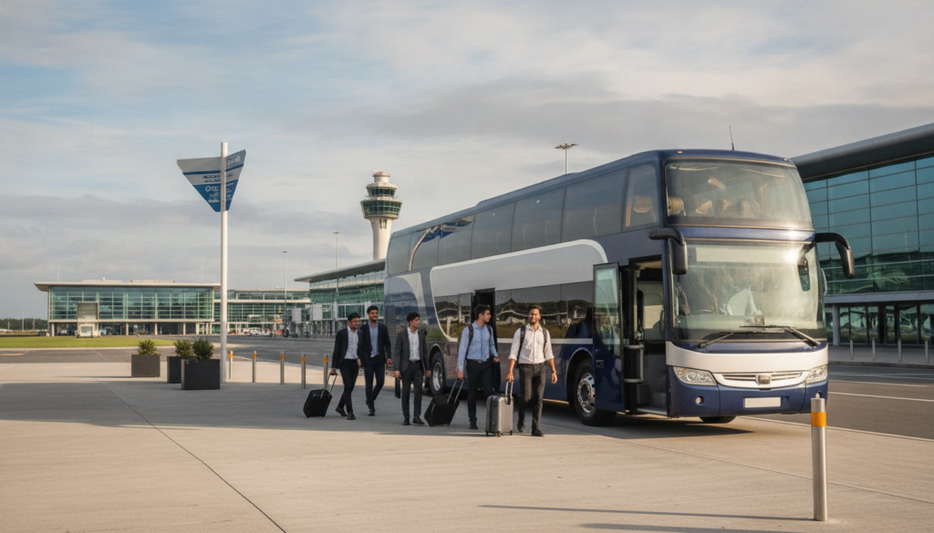 University Visits Made Easy: Group Coach Travel to Glasgow Campuses — executive coach meeting a group at Glasgow Airport